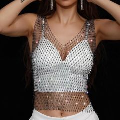 GC134-Hot diamond mesh rhinestone fishnet top sexy sweet and spicy vest mesh crystal T-shirt