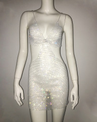 GC250-Rhinestone fishnet dress, sexy V-neck suspender dress, design dress, sweet and spicy style tight dress