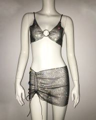 GC252-New women's suspender skirt suit sexy fishnet rhinestone top mini skirt two-piece set for women