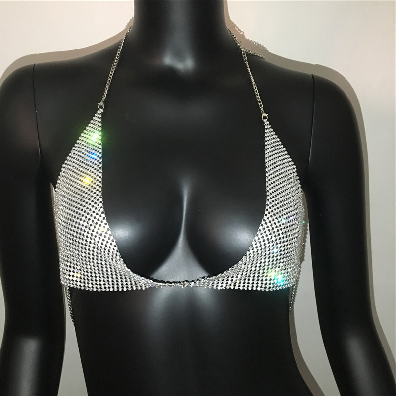 GC030-Popular body chain exaggerated rhinestone bikini bra chain sexy nightclub halter neck strap bra