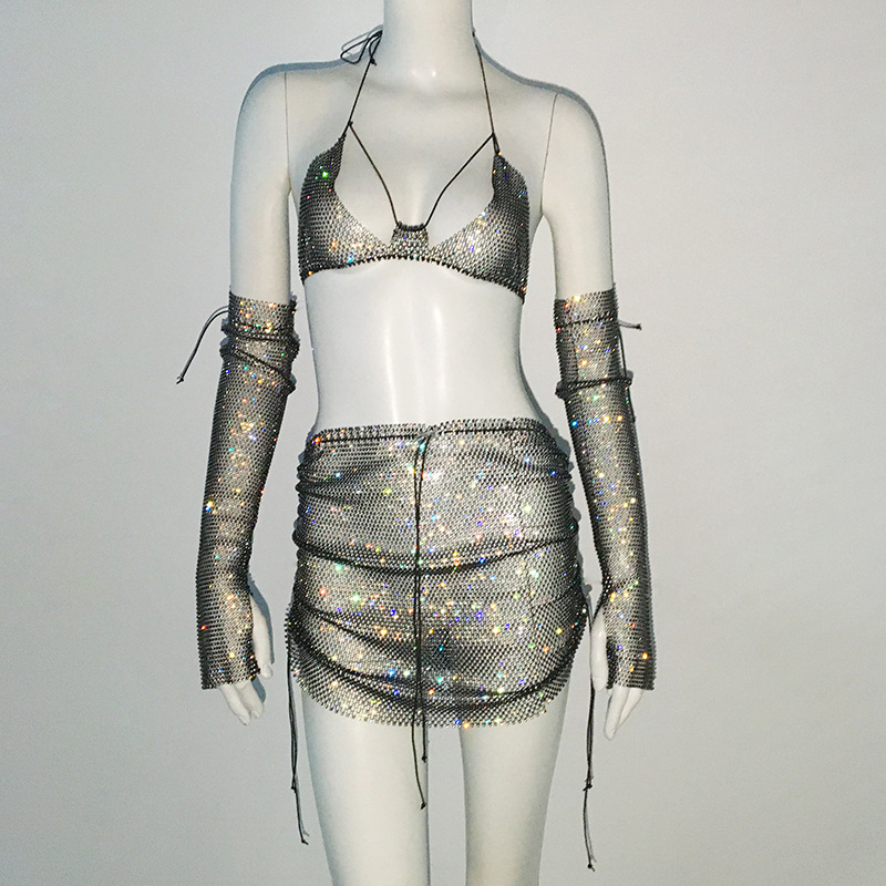 GC215-Women's Rhinestone Suspender Mesh Flashing Diamond Fishnet Top Sexy Bikini Top Mini Skirt Suit
