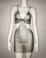 GC250-Rhinestone fishnet dress, sexy V-neck suspender dress, design dress, sweet and spicy style tight dress