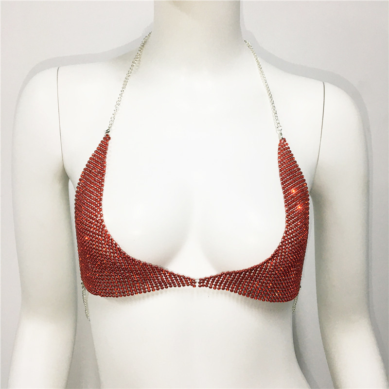 GC030-Popular body chain exaggerated rhinestone bikini bra chain sexy nightclub halter neck strap bra