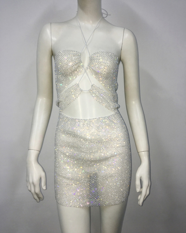 GC258-European and American clothing fishnet rhinestone dress women's clothing supply strap tight skirt halter neck skirt for women