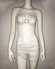 GC252-New women's suspender skirt suit sexy fishnet rhinestone top mini skirt two-piece set for women