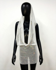 GC251-Rhinestone Pocket Collar Halter Dress European and American Hot Girl Style Backless Party Hip Skirt