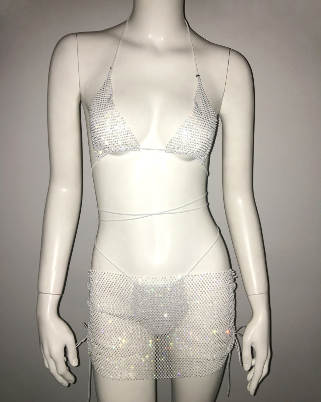 GC234-European and American women's clothing fishnet rhinestone bikini skirt suit strappy mini skirt
