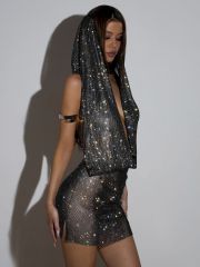 GC251-Rhinestone Pocket Collar Halter Dress European and American Hot Girl Style Backless Party Hip Skirt