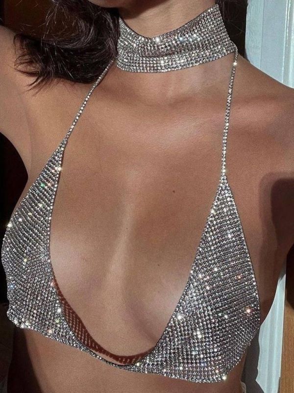 GC030-Popular body chain exaggerated rhinestone bikini bra chain sexy nightclub halter neck strap bra
