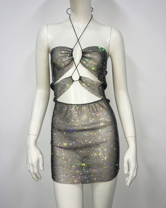 GC258-European and American clothing fishnet rhinestone dress women's clothing supply strap tight skirt halter neck skirt for women