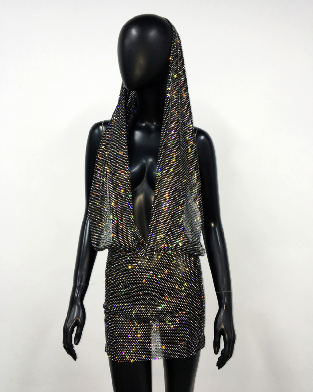 GC251-Rhinestone Pocket Collar Halter Dress European and American Hot Girl Style Backless Party Hip Skirt