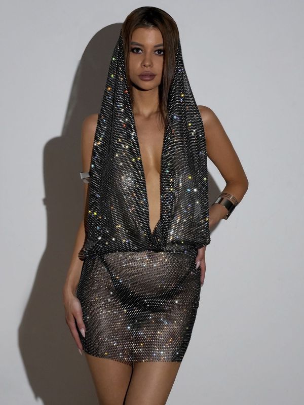 GC251-Rhinestone Pocket Collar Halter Dress European and American Hot Girl Style Backless Party Hip Skirt