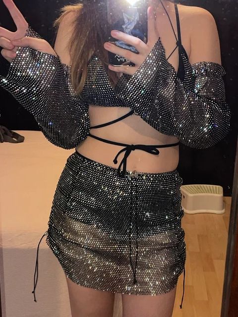 GC215-Women's Rhinestone Suspender Mesh Flashing Diamond Fishnet Top Sexy Bikini Top Mini Skirt Suit