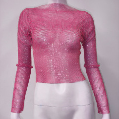 GC164w-Women's mesh crystal sparkling diamond top sweet and spicy hot girl outfit fishnet long-sleeved suit