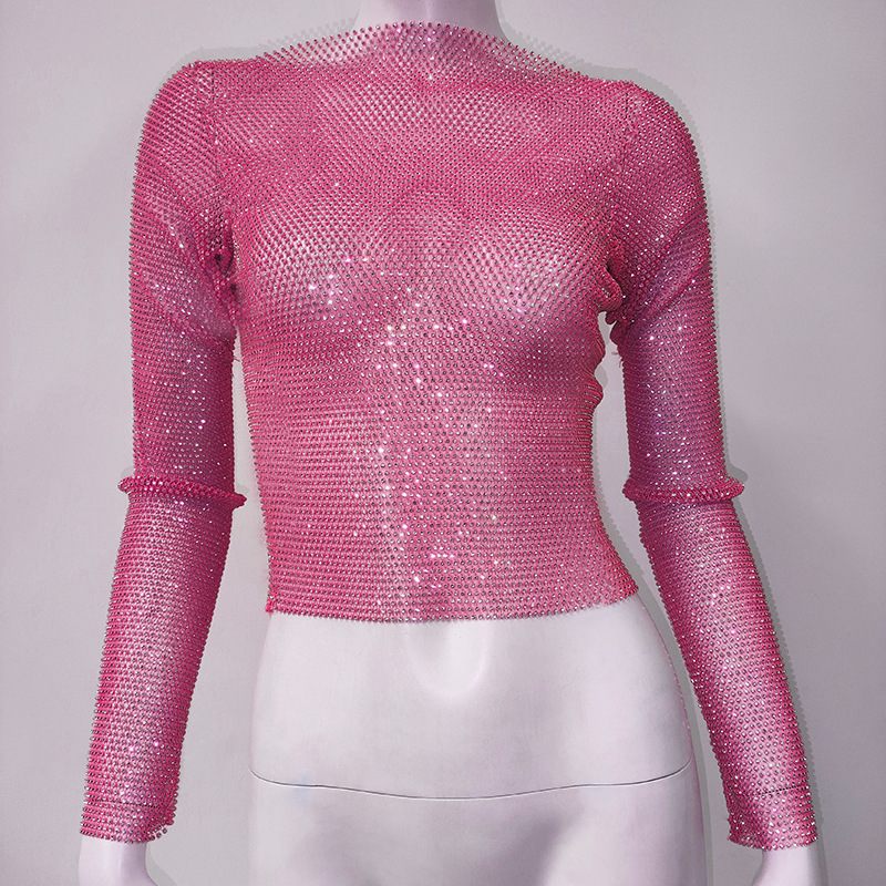 GC164w-Women's mesh crystal sparkling diamond top sweet and spicy hot girl outfit fishnet long-sleeved suit