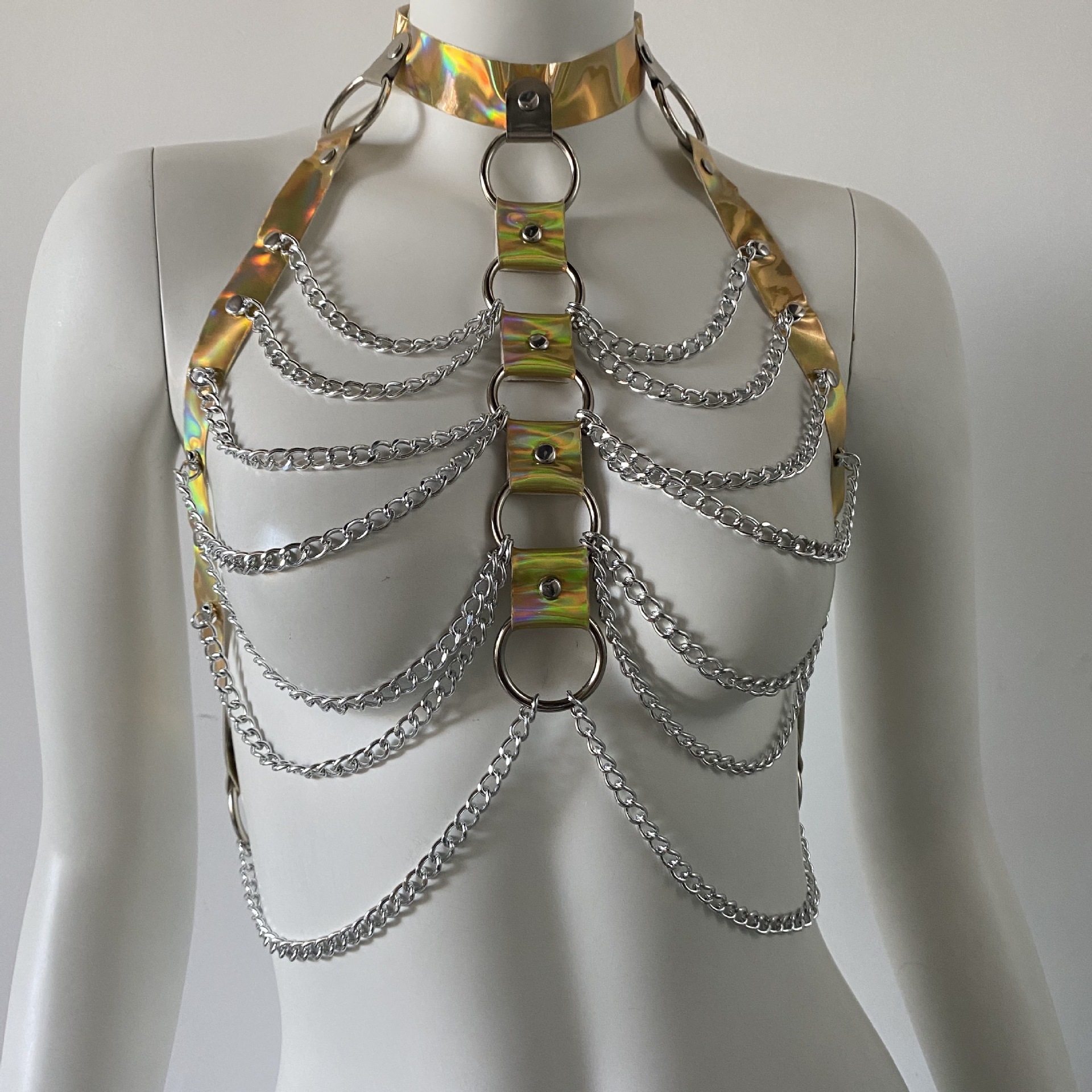 WH051-European and American Accessories Women's Laser Halter Neck Leather Decorated Holiday Carnival Bra Body Chain