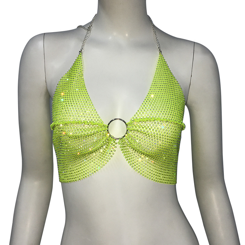 GC110-Sexy bikini swimsuit mesh glitter fishnet halter bra nightclub party hot girl rhinestone top
