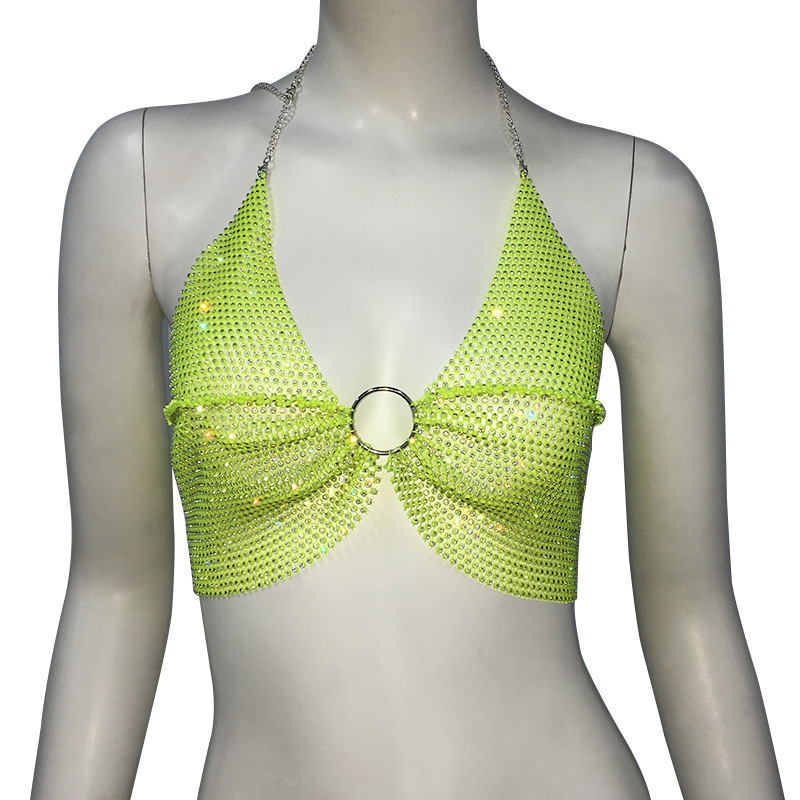GC110-Sexy bikini swimsuit mesh glitter fishnet halter bra nightclub party hot girl rhinestone top