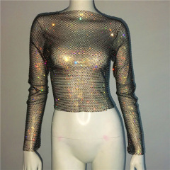 GC164w-Women's mesh crystal sparkling diamond top sweet and spicy hot girl outfit fishnet long-sleeved suit