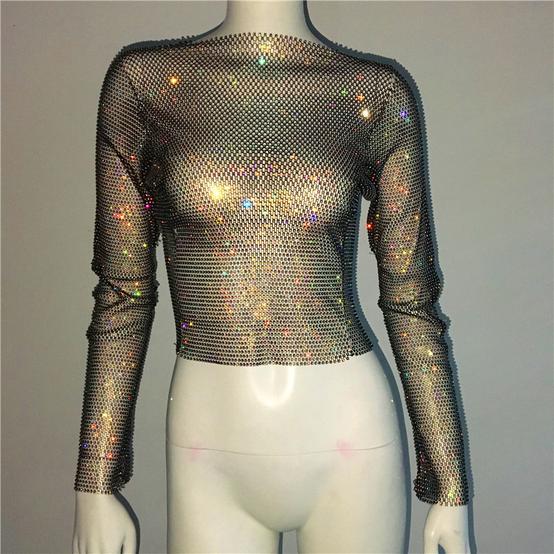GC164w-Women's mesh crystal sparkling diamond top sweet and spicy hot girl outfit fishnet long-sleeved suit