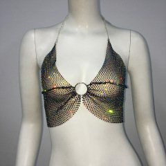 GC110-Sexy bikini swimsuit mesh glitter fishnet halter bra nightclub party hot girl rhinestone top
