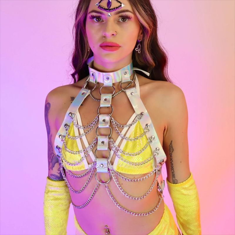 WH051-European and American Accessories Women's Laser Halter Neck Leather Decorated Holiday Carnival Bra Body Chain