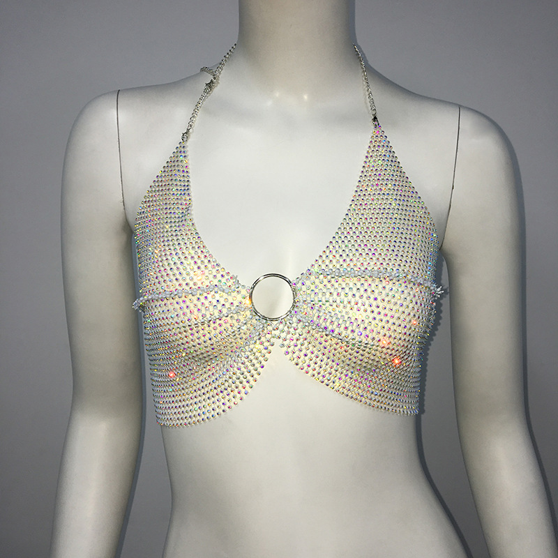 GC110-Sexy bikini swimsuit mesh glitter fishnet halter bra nightclub party hot girl rhinestone top