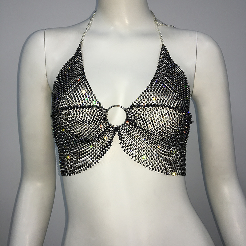 GC110-Sexy bikini swimsuit mesh glitter fishnet halter bra nightclub party hot girl rhinestone top