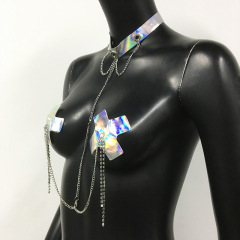 SC048LS-European and American body chain nipple chain leather harness holographic laser chest chain sexy ladies halter neck body chain nipple chain
