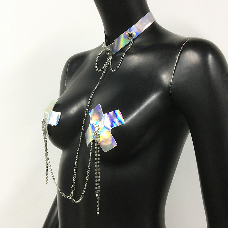 SC048LS-European and American body chain nipple chain leather harness holographic laser chest chain sexy ladies halter neck body chain nipple chain