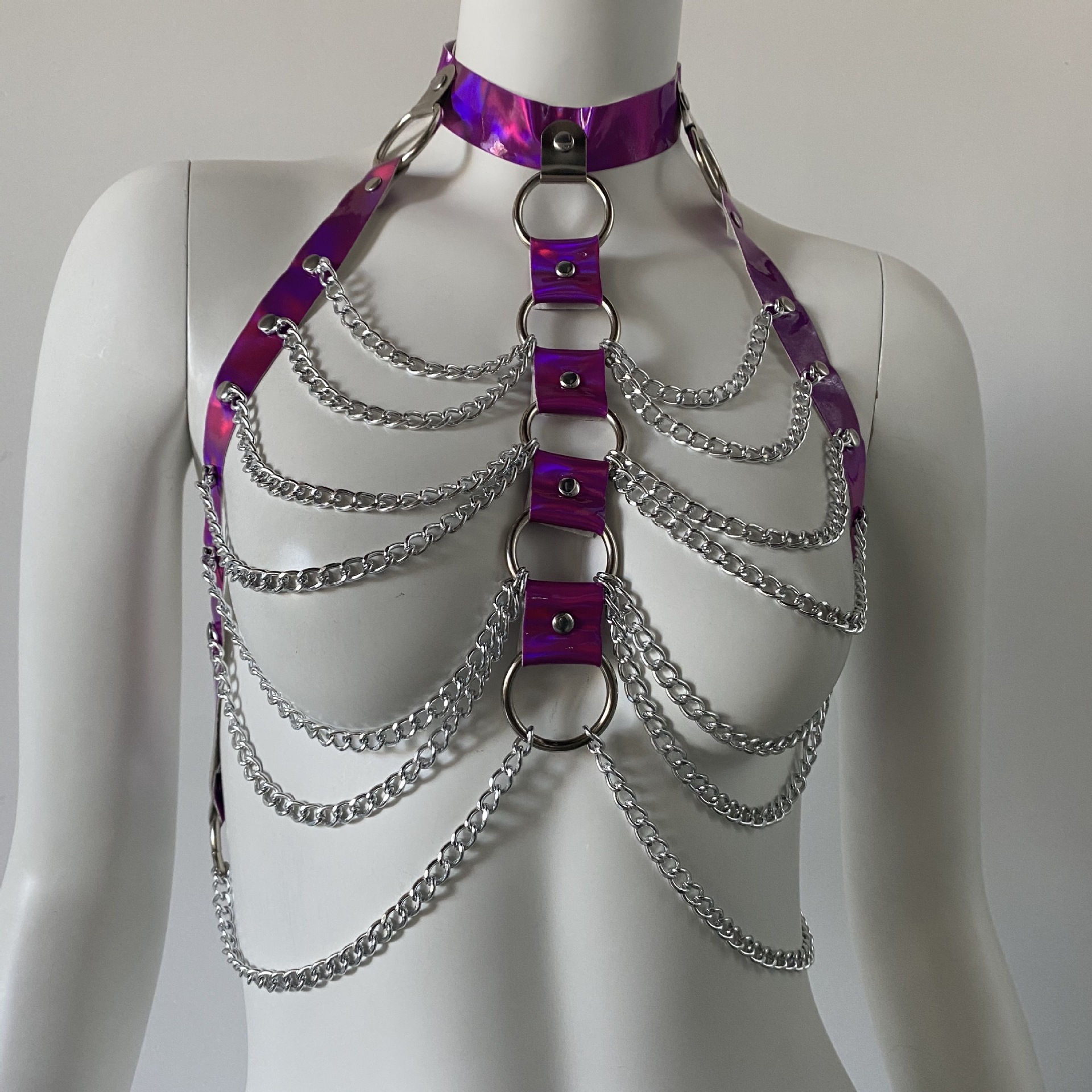 WH051-European and American Accessories Women's Laser Halter Neck Leather Decorated Holiday Carnival Bra Body Chain