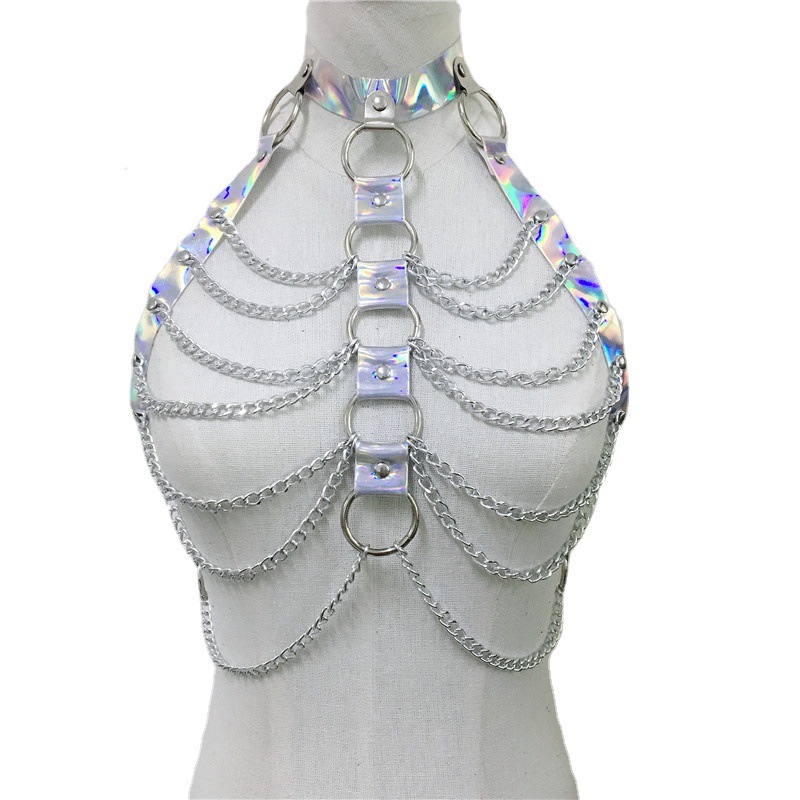 WH051-European and American Accessories Women's Laser Halter Neck Leather Decorated Holiday Carnival Bra Body Chain