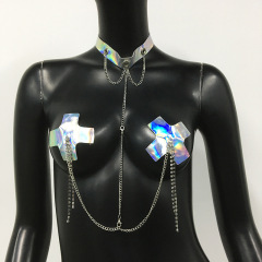 SC048LS-European and American body chain nipple chain leather harness holographic laser chest chain sexy ladies halter neck body chain nipple chain