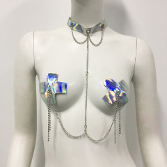 SC048LS-European and American body chain nipple chain leather harness holographic laser chest chain sexy ladies halter neck body chain nipple chain