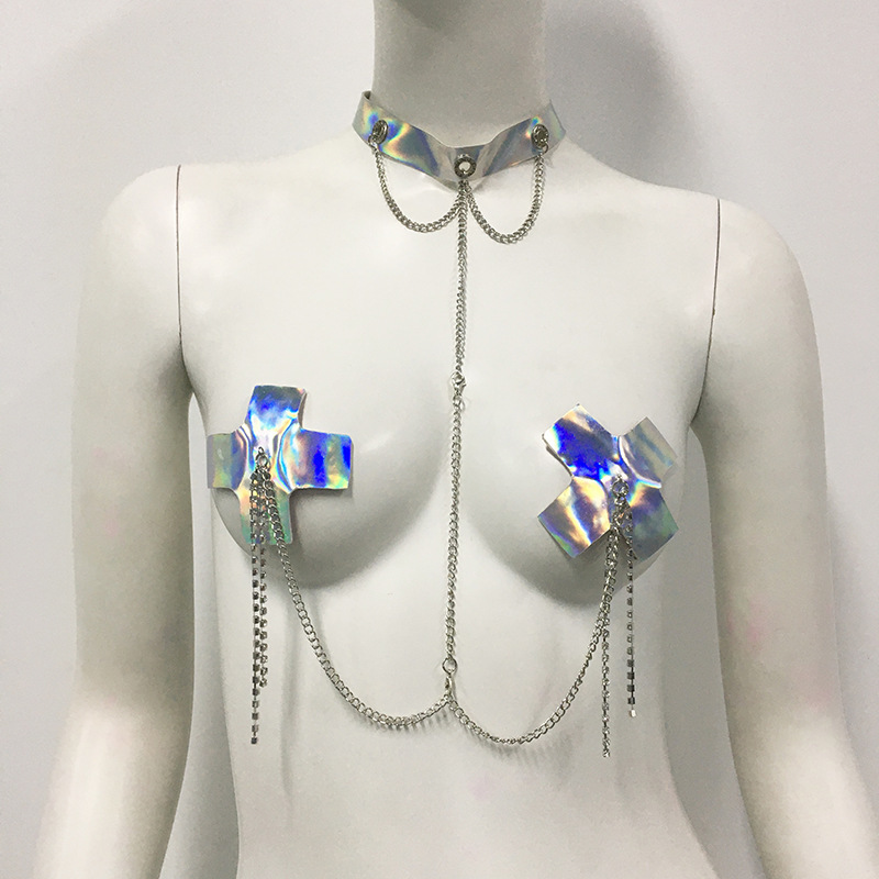 SC048LS-European and American body chain nipple chain leather harness holographic laser chest chain sexy ladies halter neck body chain nipple chain
