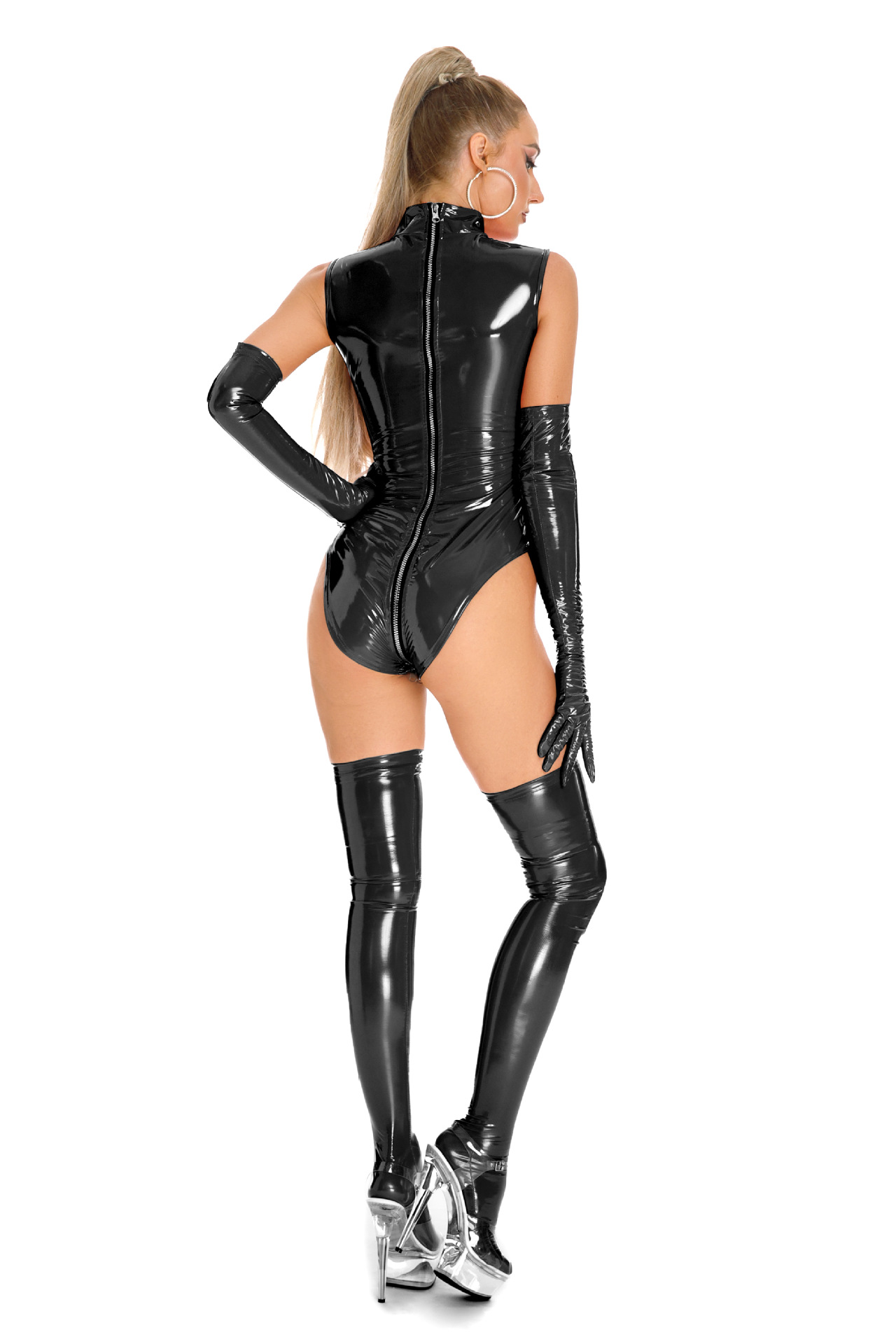 6861--High elastic patent leather zippered breast-revealing crotch jumpsuit suit