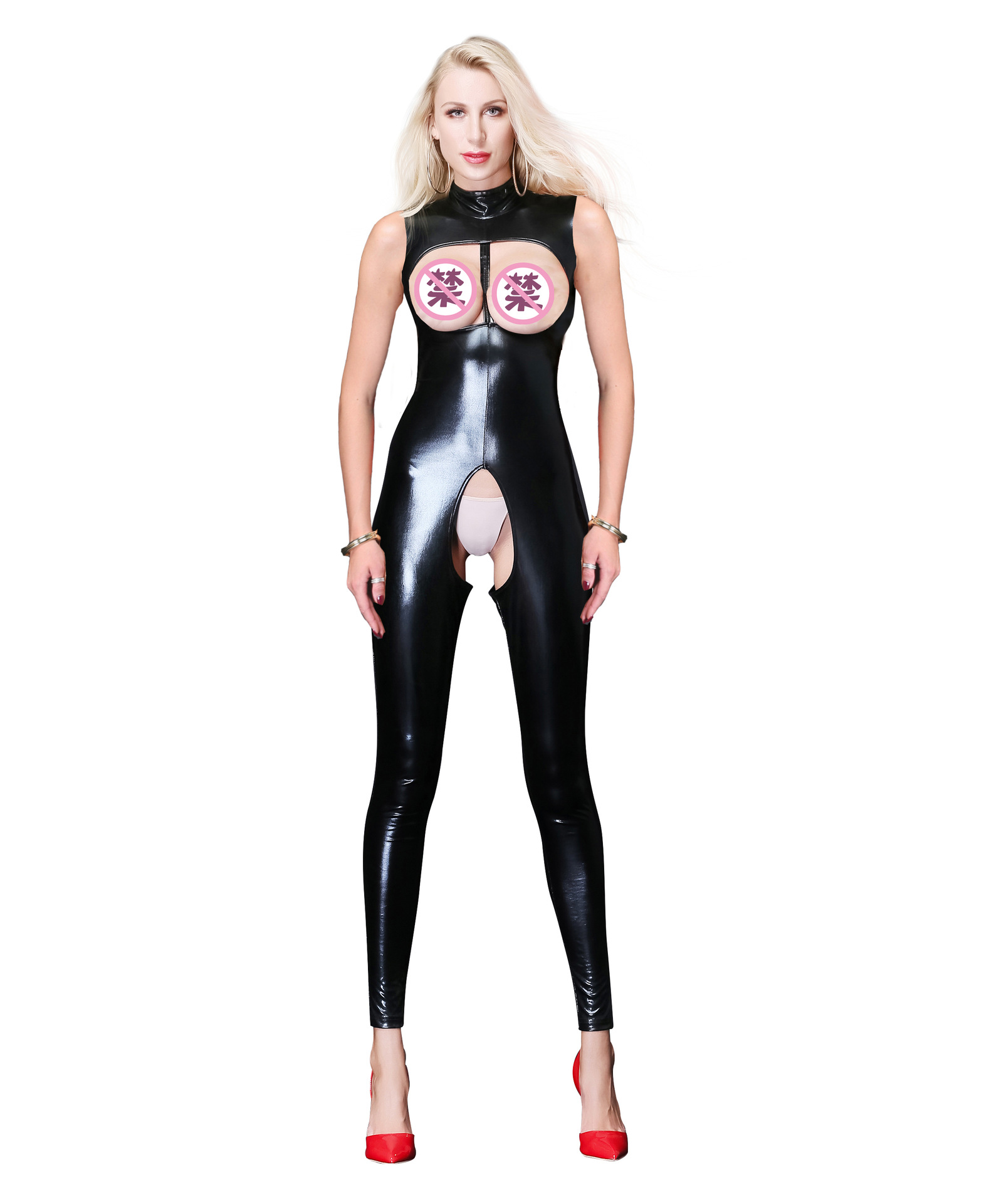 6757--M-5XL Sexy Underwear Patent Leather Hollow Long Jumpsuit