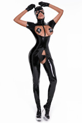 68182--Glossy patent leather mirror sexy lingerie for women, zippered crotchless nightclub cat girl jumpsuit