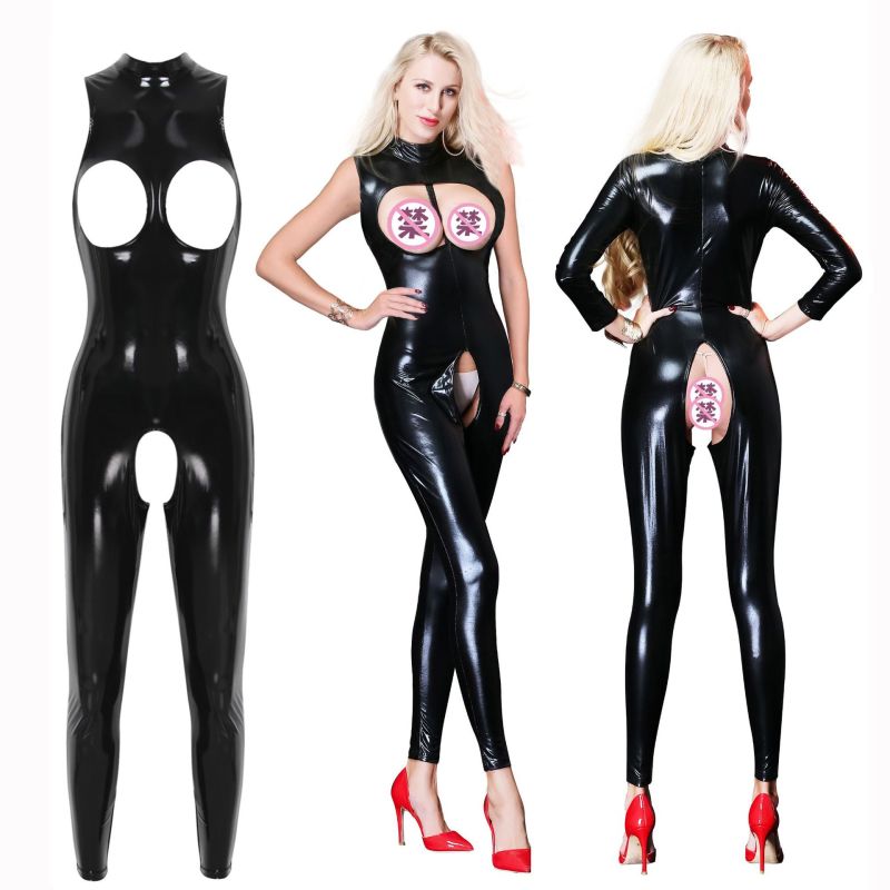 6757--M-5XL Sexy Underwear Patent Leather Hollow Long Jumpsuit