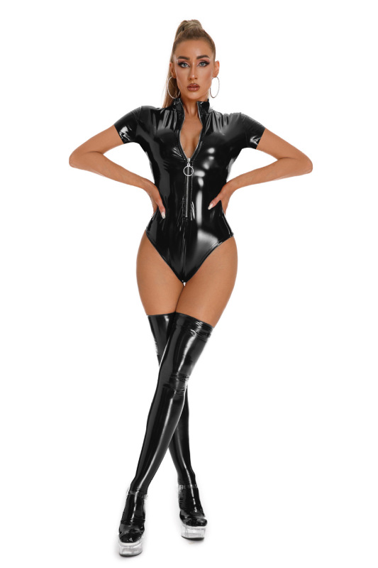 6876--Bright patent leather nightclub short-sleeved jumpsuit high stretch shiny leather sexy underwear