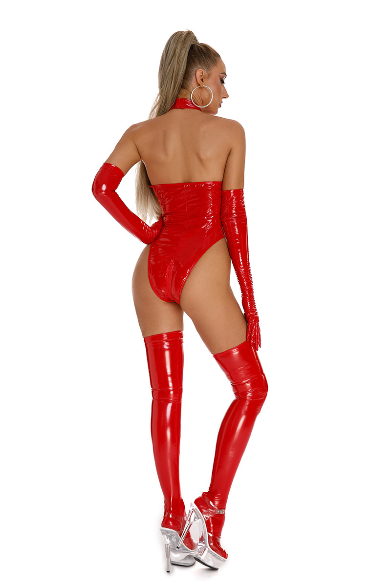 6865--Glossy patent leather sexy lingerie Nightclub crotchless one-piece