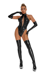 6865--Glossy patent leather sexy lingerie Nightclub crotchless one-piece