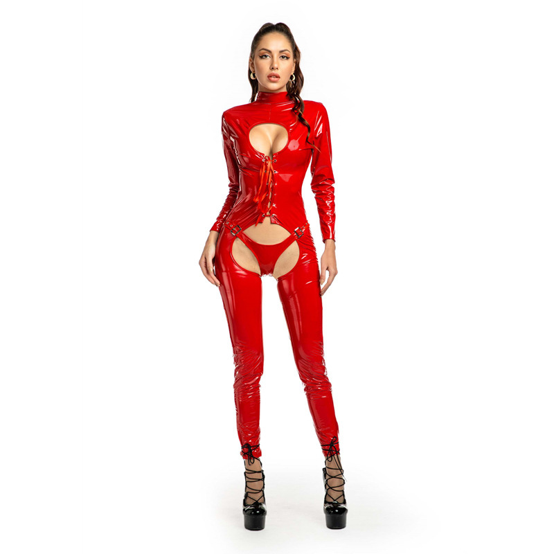 6817--Patent leather bright leather jacket, tight-fitting mirrored PVC crotchless leather one-piece