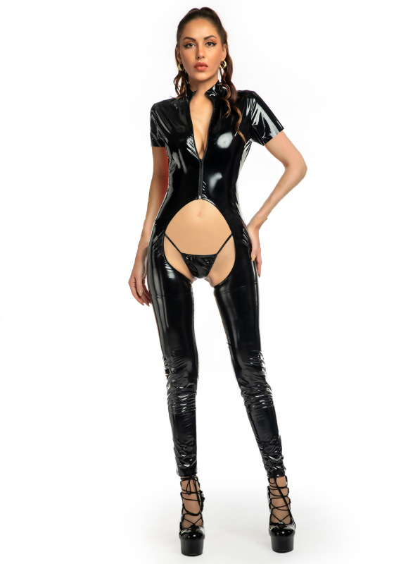 6810--Sexy lingerie corset, tight mirrored PVC crotchless one-piece leather jacket