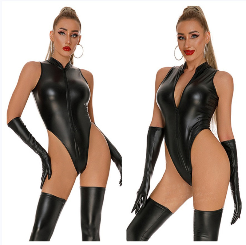 68292--Patent leather cat girl jumpsuit + gloves + leather socks