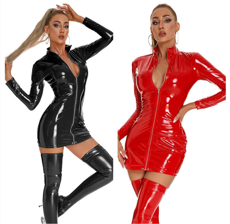 6867--Glossy patent leather nightclub zippered long-sleeved bodysuit