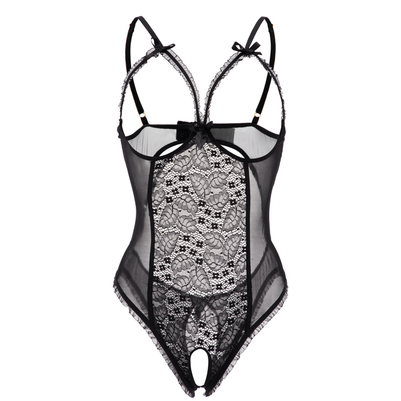 6034-Open crotch exposed breast sexy lingerie lace European and American sexy tight body suit sexy suit see-through backless pajamas