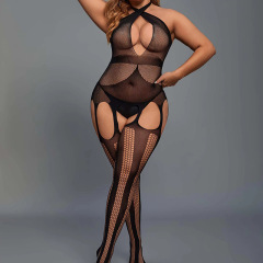 WY-86038--Plus size women's plus size sexy and fun no-take-off suspenders cross hollow one-piece fat fishnet stockings