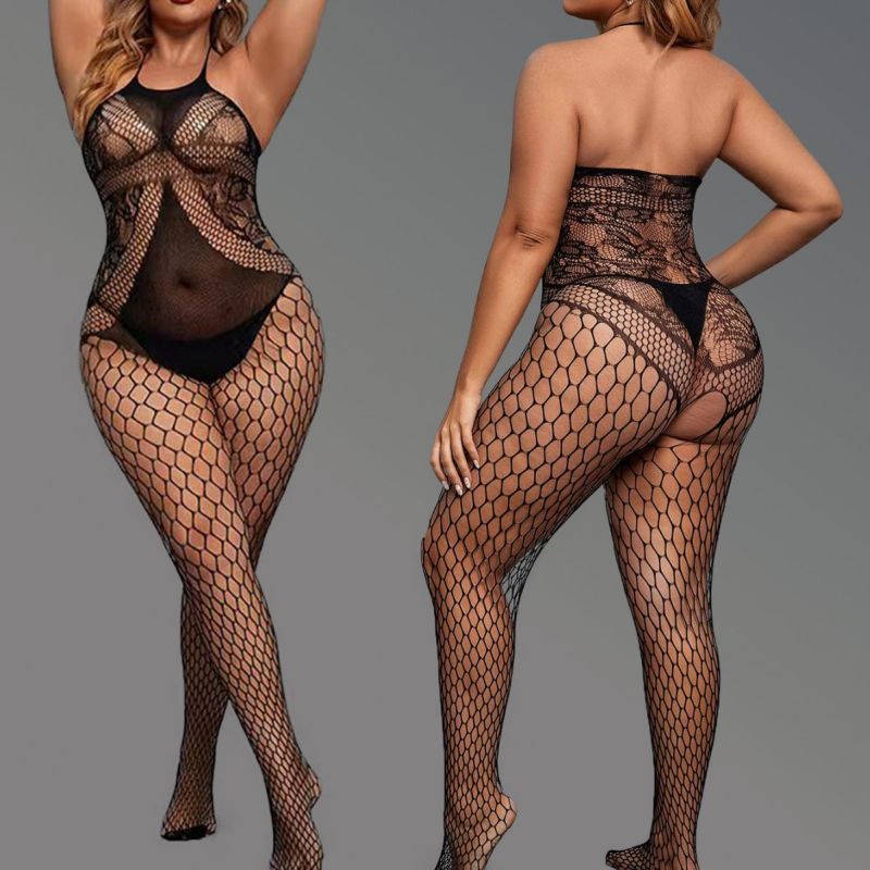 WY-86030--100KG Large Size Sexy Underwear Open-Style No-Take-Off Suspender Bodysuit Transparent Hollow Mesh Clothes