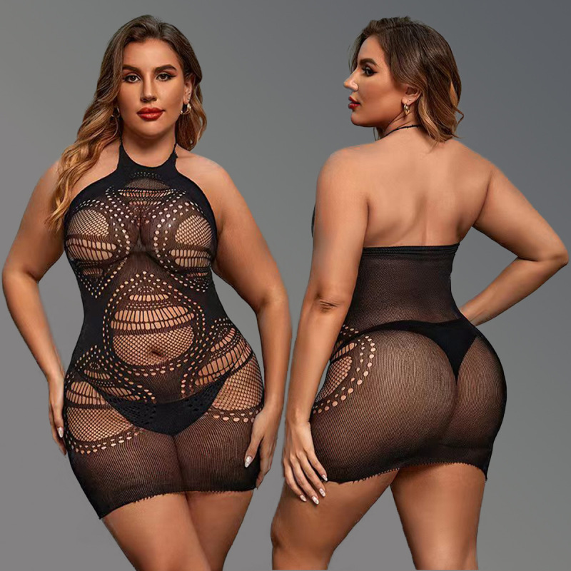 WY-86043--Plus size halterneck, backless hot girl's butt-covering uniform, small breasts, hollow, sexy temptation, sexy mesh clothes